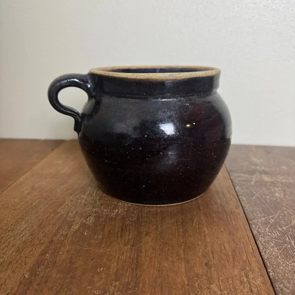 Vintage Antique Black Stoneware Bean Crock with‎ handle no lid planter Farmhouse